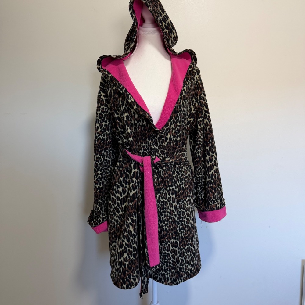 Betsey Johnson Leopard Print Hooded Fleece Robe Womens Size M Pink Trim Cozy